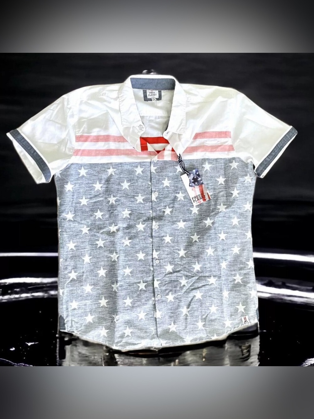 FREE PLANET Men's Adult Large USA Red White Blue Stars & Stripes Flag Shirt NEW